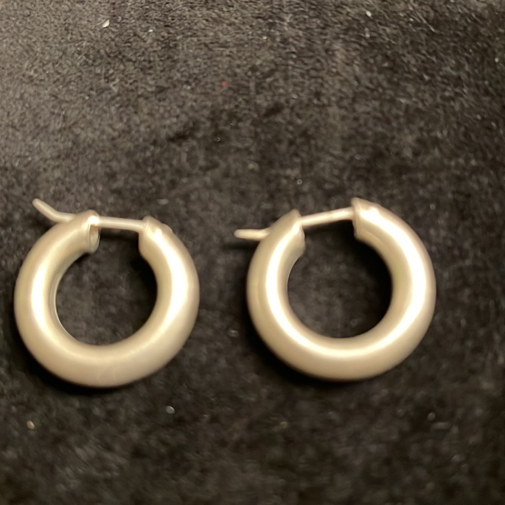 Brushed sterling silver hollow hoops. - Picture 2 of 3